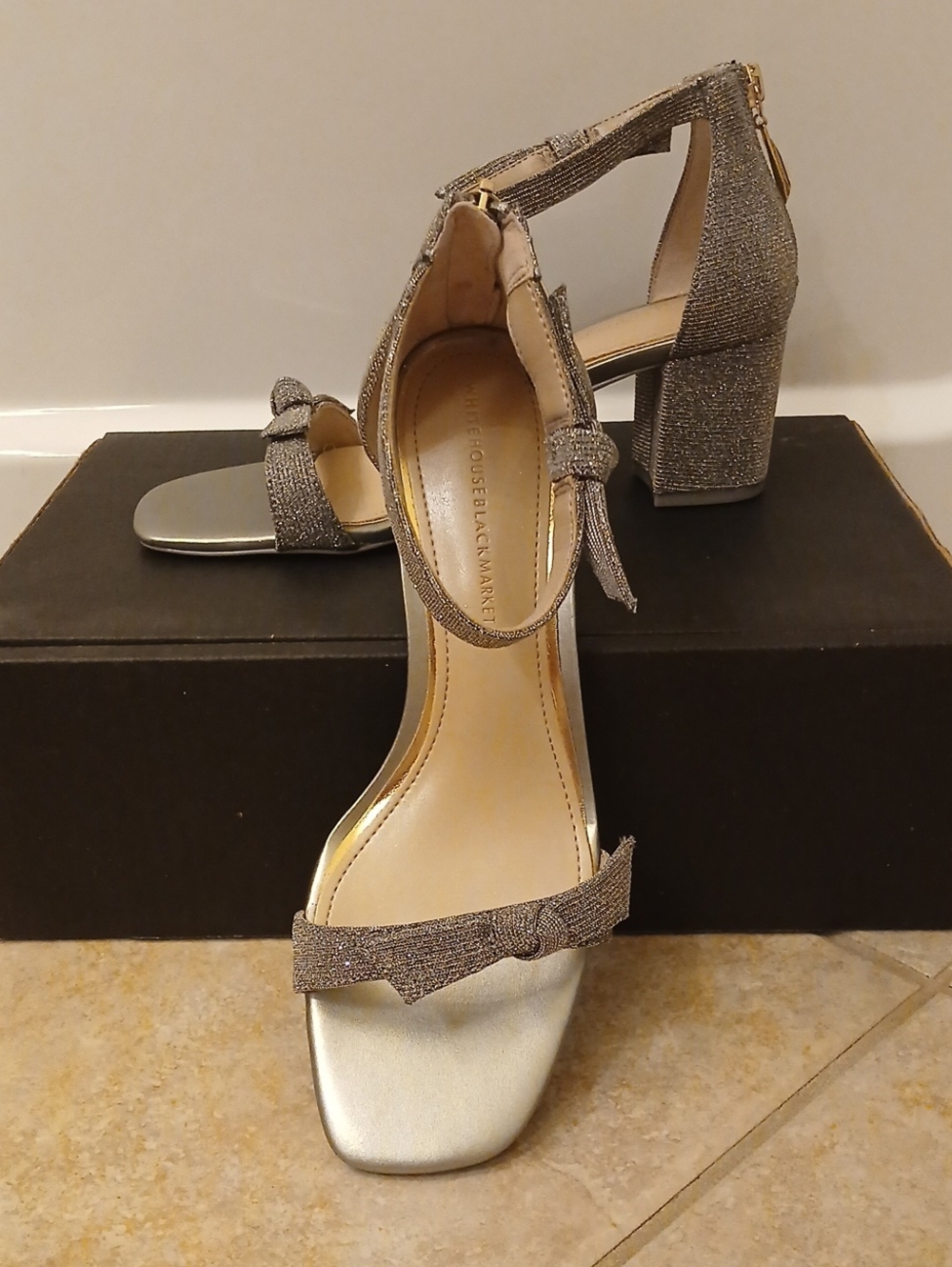 White House Black Market Silver Glitter Block Heel Sandals